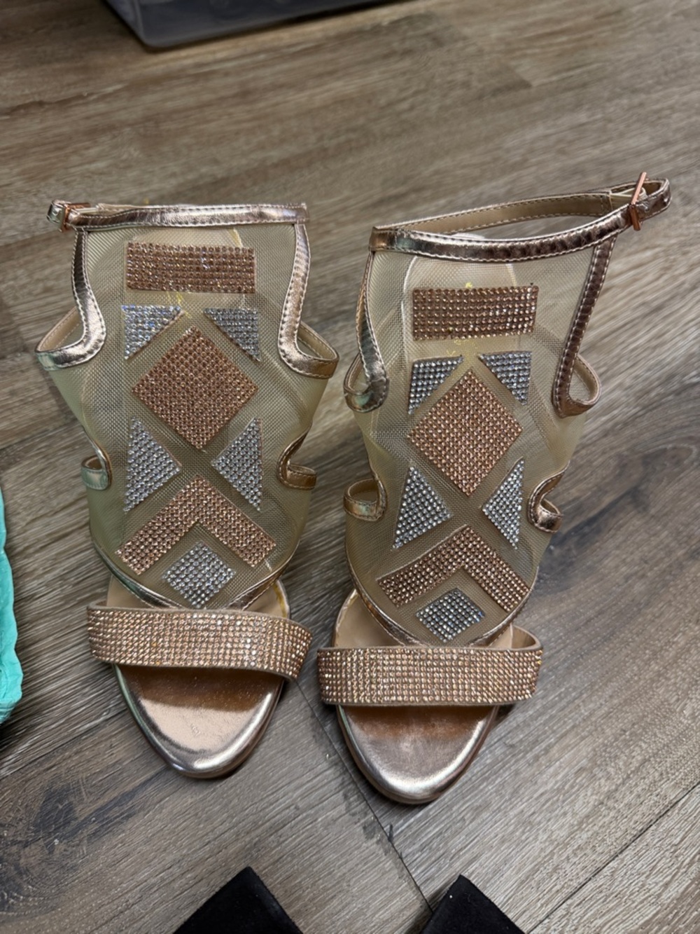 Women's Rose Gold Mesh Strappy Rhinestone Sandals